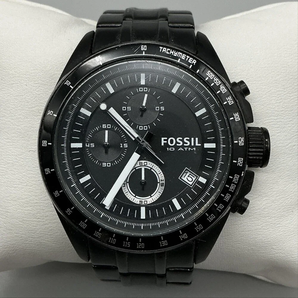 Fossil Decker CH-2607 Mens Watch 43mm Black Chronograph Stainless New Battery